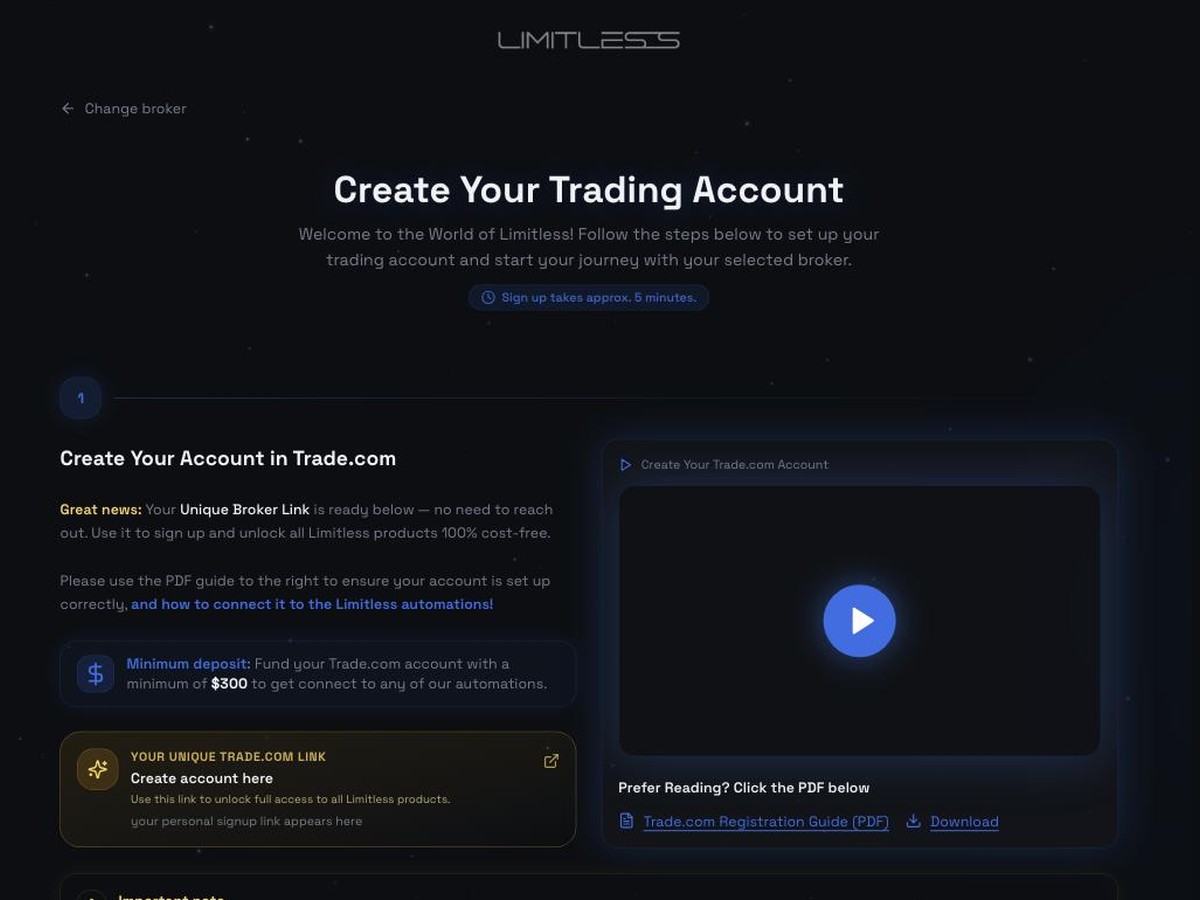 The Limitless page for creating a trade.com account