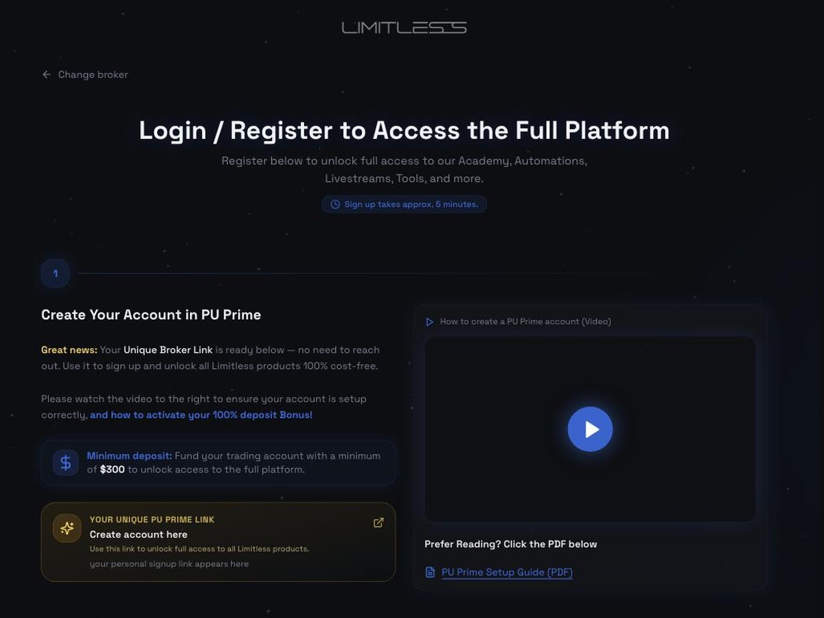 The Limitless page for creating a PU Prime account